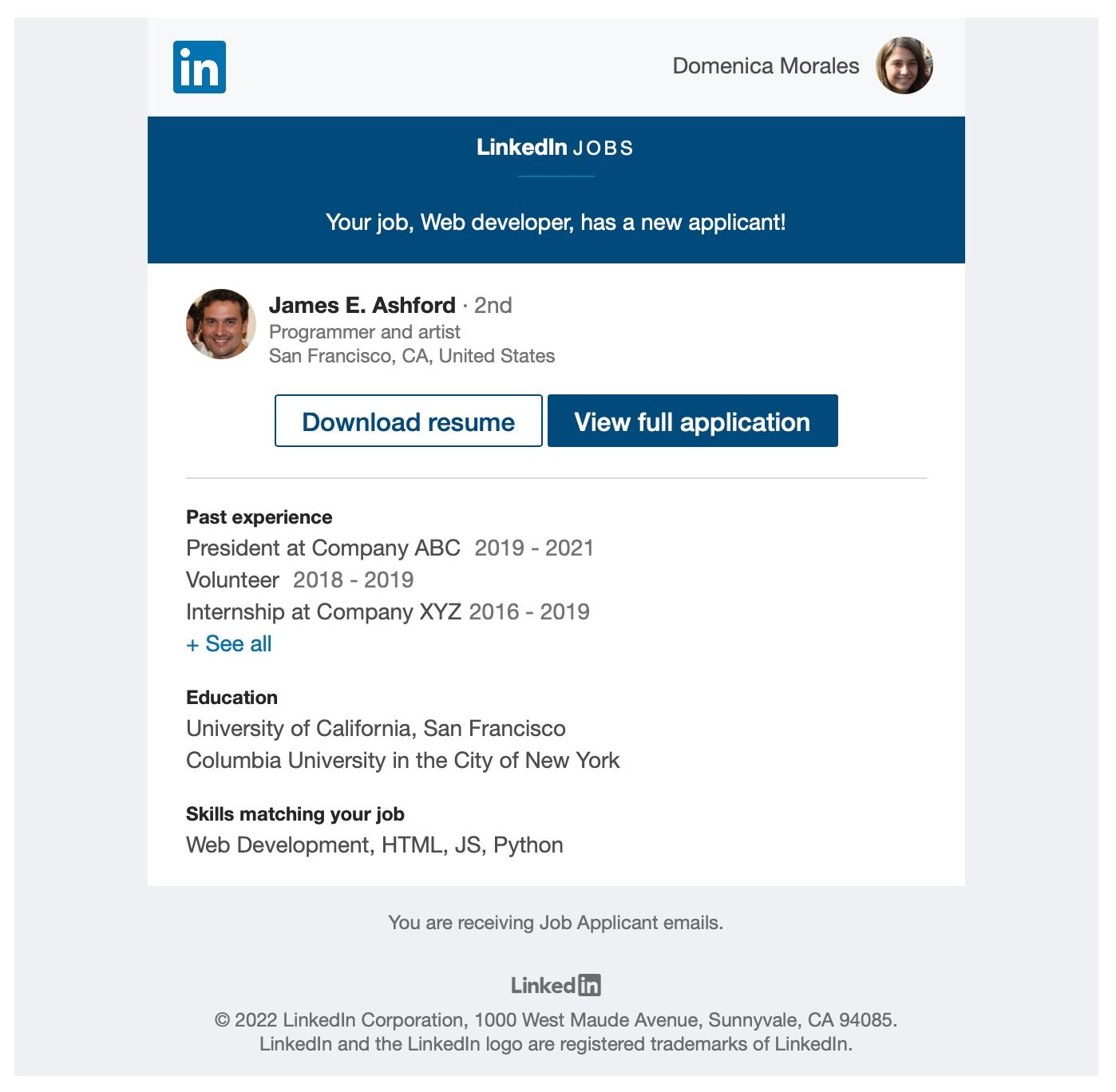 sample email for job application linkedin