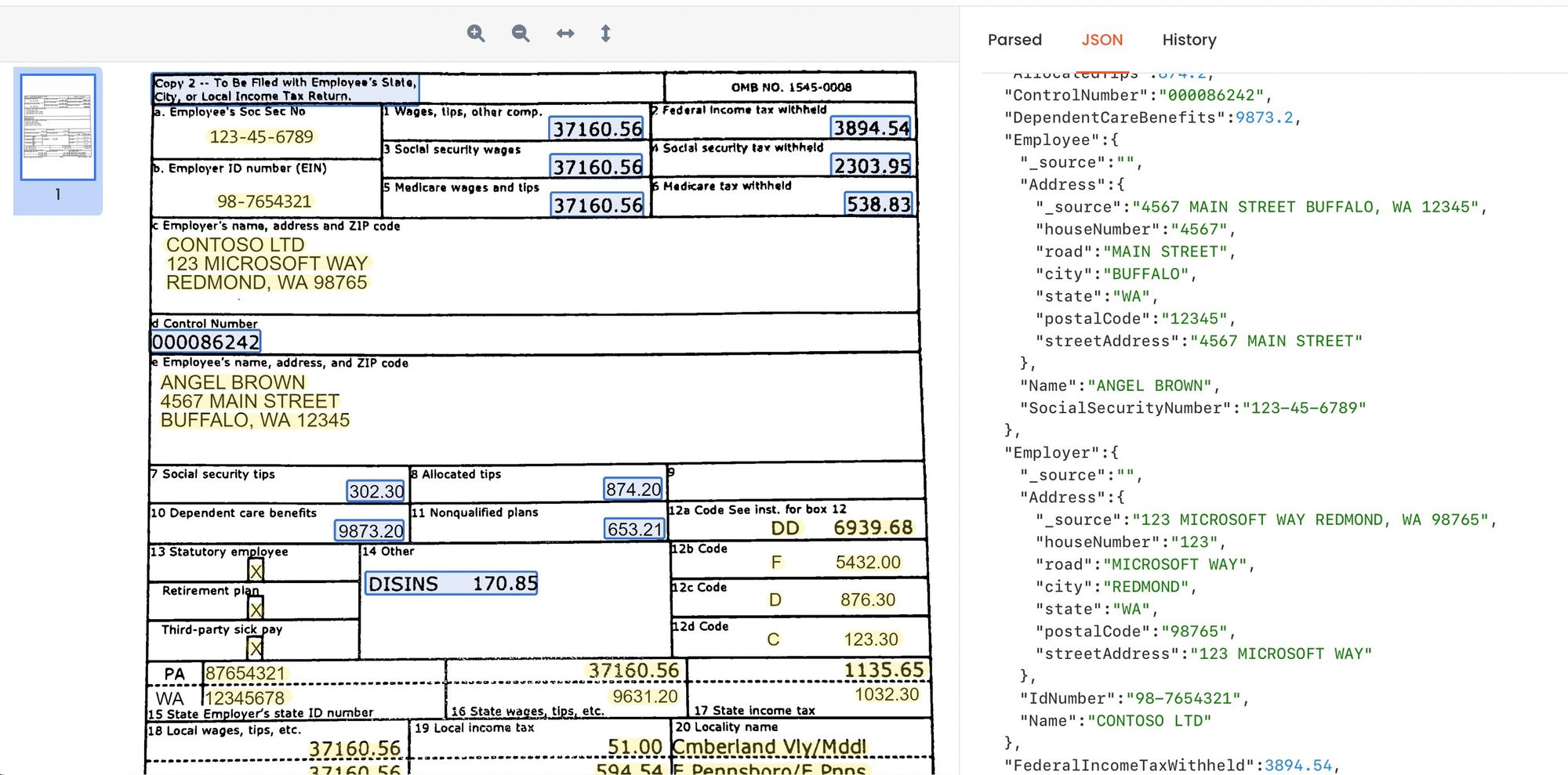 A parsed W-2 form